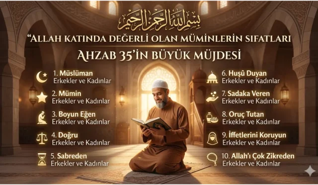 Bir mümini Allah katında değerli kılan şey yalnızca iman etmek midir, yoksa imanla birlikte hayatın her alanına yayılan bir teslimiyet mi gerekir? Sabırdan sadakaya, iffetten zikre kadar sayılan bu sıfatların sonunda vaat edilen büyük mükâfat Ahzab Suresi 35