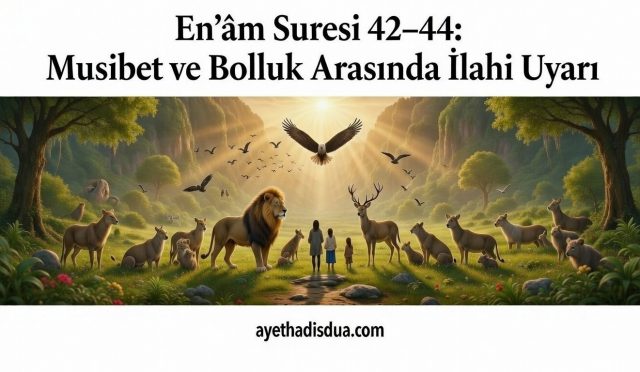 En‘âm Suresi 42–44. ayetler, sıkıntıların kalbi uyandırmak; bolluğun ise şükürle sınamak için verildiğini bildirir. Uyarılardan ibret almayan toplumlar, nimeti lütuf değil hak zannedince ansızın yakalanır; böylece musibet de bolluk da birer imtihan olarak ortaya çıkar.