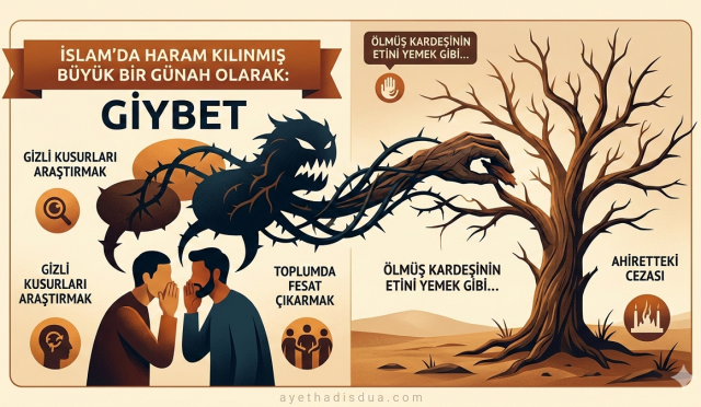 Gıybet, sadece sözle yapılan bir eylem değil, kalbe ve topluma yayılan bir yangındır. İnsan onurunu ve itibarını hedef alan bu büyük günah, hem dünyada hem ahirette ciddi sonuçlar doğurur. Bu makalede gıybetin tanımı, zararları ve korunma yolları detaylı şekilde ele alınmıştır.