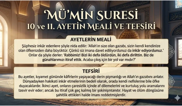 Mü’min Suresi’nin 10 ve 11. ayetleri, inkârda direnenlerin ahirette yaşayacağı derin pişmanlığı ve geri dönüşü olmayan hakikatle yüzleşmelerini anlatır. Bu ayetler, dünya hayatındaki tercihlerimizin ebedî sonuçlarını hatırlatan güçlü bir uyarıdır.