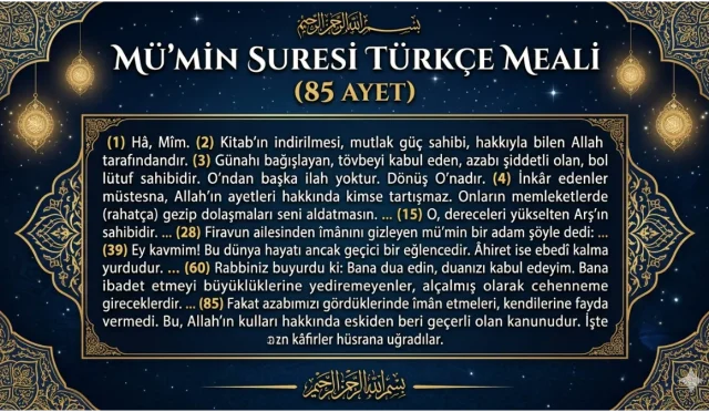 Mü’min Suresi, iman edenleri ve kalplerinde Allah korkusu taşıyanları teselli eden, kıyamet ve ahiret hayatına dair uyarılar içeren bir suredir. Toplam 85 ayetten oluşan bu sure, Allah’ın kudreti, peygamberlerin öğütleri ve inananların ödülleri üzerinde durur.