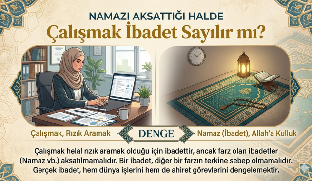 Namazı bilerek aksatmak dinen doğru kabul edilmez; çünkü namaz, Müslüman için temel ve farz bir ibadettir. Ancak çalışmak da helal rızık kazanma niyetiyle yapıldığında ibadet sayılabilecek bir davranıştır. Bu nedenle çalışmak başlı başına değerli olsa da, farz olan namazın yerine geçmez. İdeal olan, hem namazı vaktinde kılmak hem de çalışmayı ibadet bilinciyle sürdürmektir.