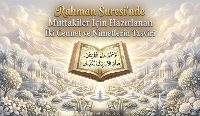 Rahman Suresi, muttakilere vaadedilen iki cenneti ve oradaki nimetleri göz alıcı ayrıntılarla tasvir eder. 46–58. ayetler, cennet hayatının güzelliklerini ve Allah’ın lütuflarını anlatırken insanın şükür bilincini güçlendirir.