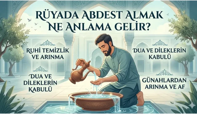 Rüyada abdest almak; ruhsal arınma, sıkıntılardan kurtuluş ve temiz bir başlangıç anlamına gelir. Abdestin tamamlanma şekli ve kullanılan suyun durumu, rüyanın yorumunda belirleyici unsurlardır.
