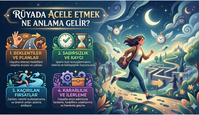 Rüyada aceleyle hareket etmek genellikle pişmanlık, fırsat kaçırma veya yanlış karar alma ihtimaline işaret eder. Dini konularda acele hayırlı görülse de, dünyevî meselelerde acelecilik çoğu zaman uyarı niteliği taşır. Bu rüya, sabır ve temkin çağrısı olabilir.