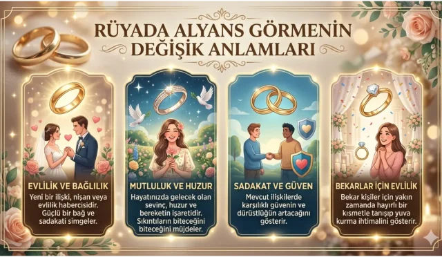 Rüyada alyans görmek; evlilik, sadakat ve ahde vefa ile ilişkilendirilir. Parlak ve sağlam alyans huzurlu bir birlikteliğe işaret ederken, kırık ya da kaybolan alyans ilişkilerde güven sorunlarına dair uyarı niteliği taşıyabilir.