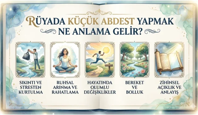 Rüyada küçük abdest yaptığını görmek, sıkıntılardan kurtuluşa, maddi sorumlulukların yerine getirilmesine ve manevi rahatlamaya işaret eder. Rüyanın detaylarına göre mal, harcama ve helal kazançla ilgili mesajlar da içerebilir.