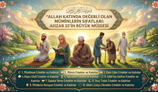 Bir mümini Allah katında değerli kılan şey yalnızca iman etmek midir, yoksa imanla birlikte hayatın her alanına yayılan bir teslimiyet mi gerekir? Sabırdan sadakaya, iffetten zikre kadar sayılan bu sıfatların sonunda vaat edilen büyük mükâfat Ahzab Suresi 35