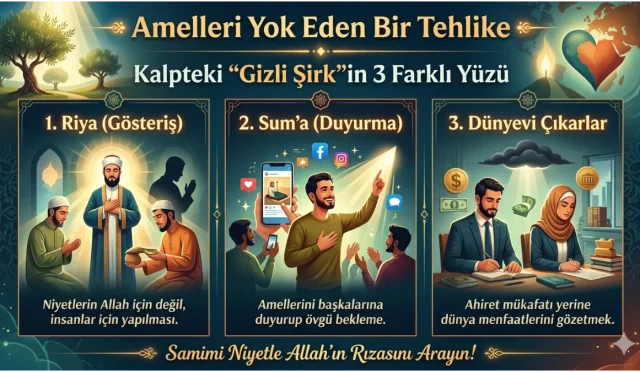 Gece karanlığındaki siyah karıncanın ayak sesinden daha gizli bir tehlike: Riya. Bazen bir rükûyu uzatmakta, bazen de birinin takdirini beklemenin sessizliğinde saklıdır. Amellerin sevabını bir çırpıda yok eden, kalbi içten içe kemiren 'Gizli Şirk'in 3 sinsi yüzüyle tanışmaya hazır mısınız? Niyetinizin saflığını korumak ve kalbinizdeki görünmez putları devirmek için bu manevi röntgene kulak verin