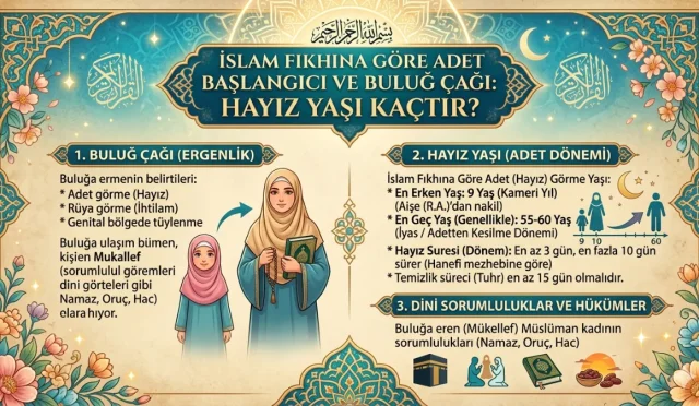 İslam hukukuna göre kız çocuklarında buluğ çağı belirtileri nelerdir ve adet hangi yaşlar arasında başlar? 9 yaşından önce görülen kanamanın dini hükmü ve hayız süreciyle başlayan dini sorumluluklar üzerine fıkhi rehber.